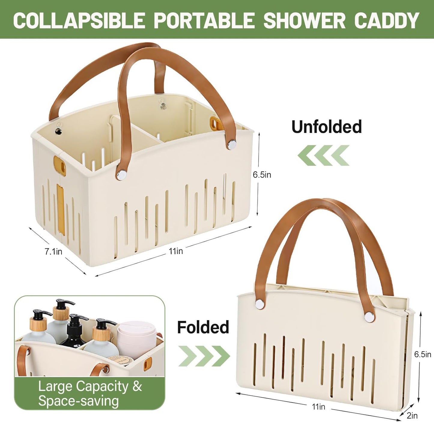 Portable Shower Caddy Collapsible Plastic Shower Basket Tote with Handles Removable Divider, Cleaning Caddy Storage Organizer for Bathroom College Dorm (White)