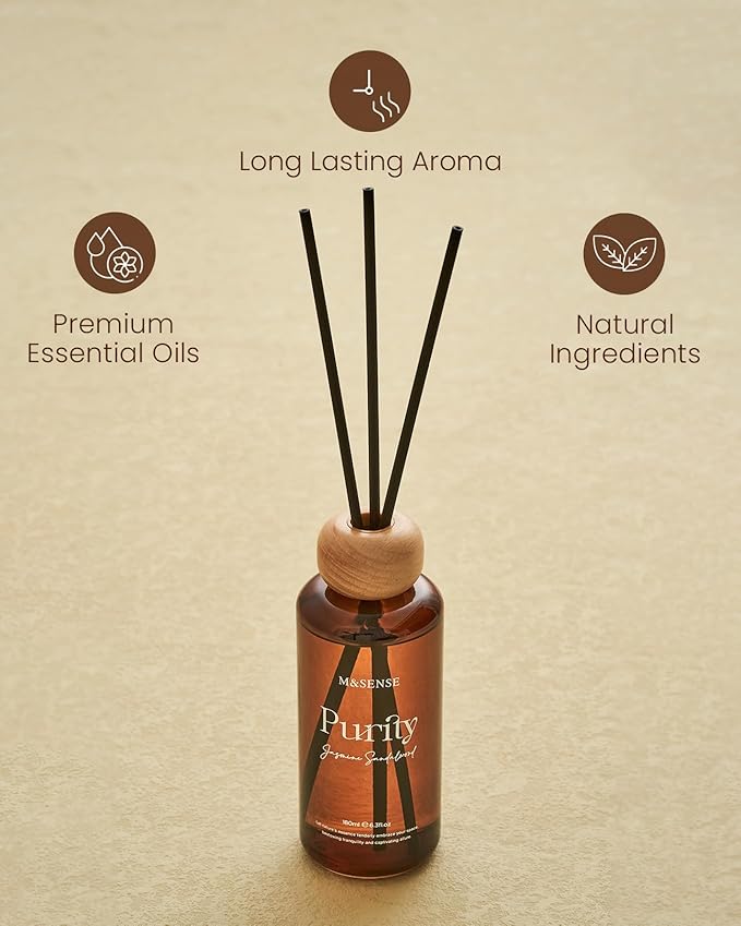 M&SENSE Jasmine Sandalwood Reed Diffuser: 6.3 fl oz Non-Toxic Aroma Set with Sticks, Light & Subtle Fragrance, Long-Lasting Natural Essential Oil Gifts for Bedroom, Shelf Decor & Small Spaces