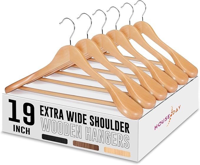 HOUSE DAY 19'' Extra Wide Shoulder Wooden Hangers 6 Pack, Premium Large Wood Suit Hangers With Non Slip Pant Holder, Wide Shoulder Hangers for Suits, Coats, Jackets, Heavy Wide Clothes Hanger, Natural