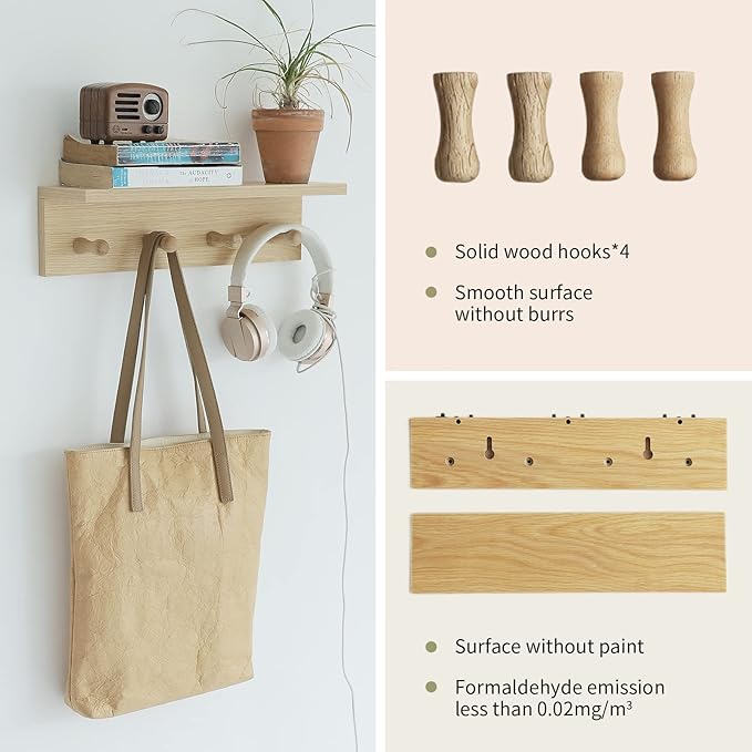 Wall Mount Coat Rack with Shelf, Sturdy Wooden Floating Shelf withHooks Save Your Indoor Space, Wall Organizer siutable for Entryway, Mudroom,Kitchen, Bathroom, etc(Oak Finish)