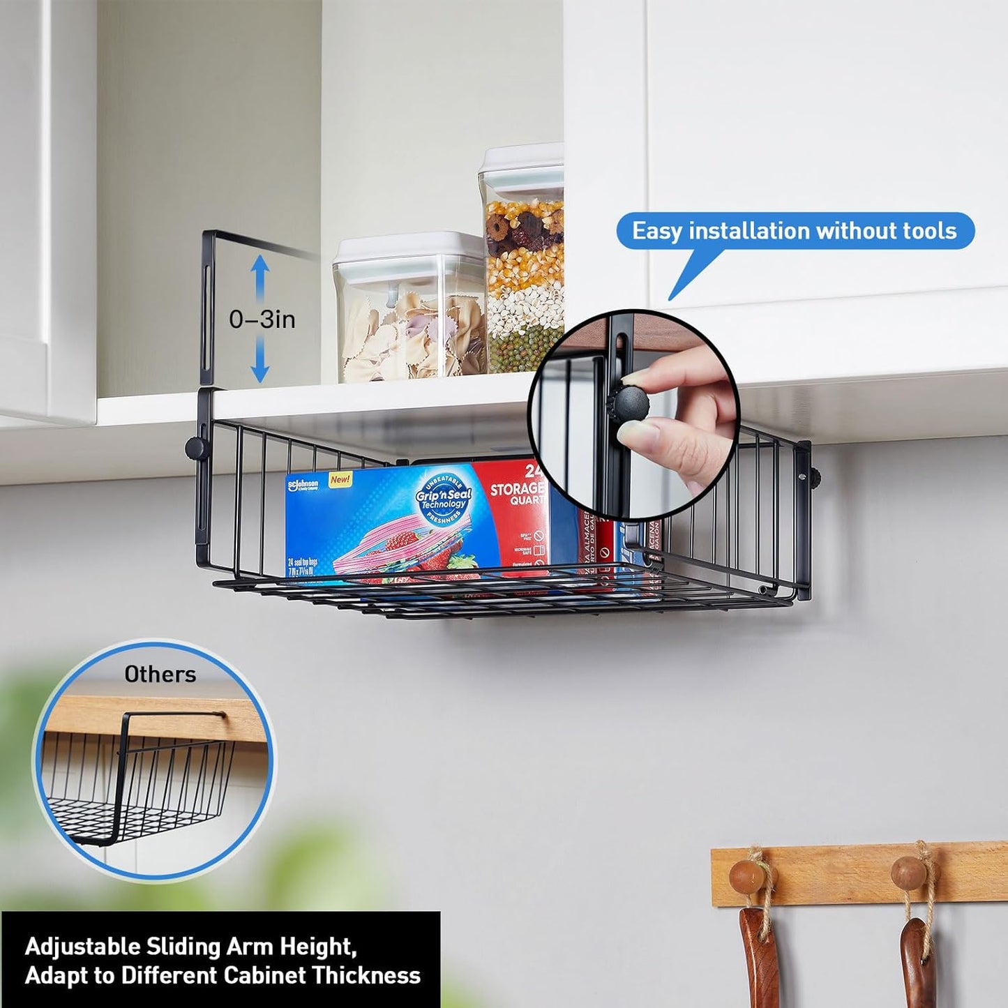 2 Pack Hanging Under Shelf Storage Basket,Adjustable Under Cabinet Add-on Storage Racks Slide-in Baskets Organizer for Laundry Room Kitchen Pantry Desk Bookshelf, Black