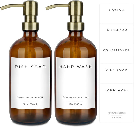 Emerson Essentials Soap Dispenser, Dish Soap for Kitchen, Bathroom Set, Hand and Dish Set, Kitchen Soap Dispenser Set, Bottles with Pump and Labels, 16 Oz, 2 Pack