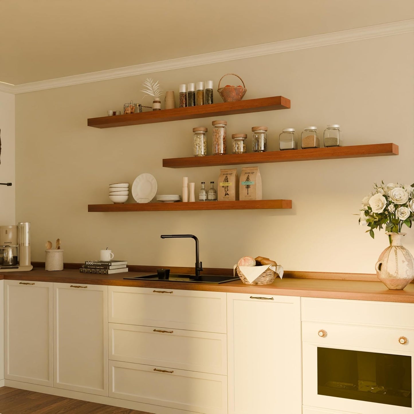 Floating Shelves for Wall, 60 Inch Extra Long Brown Wall Shelves, Set of 3, Hanging Invisible Brackets Floating Shelves for Living Room,Bedroom,and Kitchen