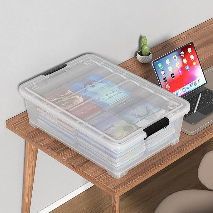 25 Quart Clear Under Bed Storage Container with Wheels, 4 Packs Stackable Plastic Underbed Bin with Lid