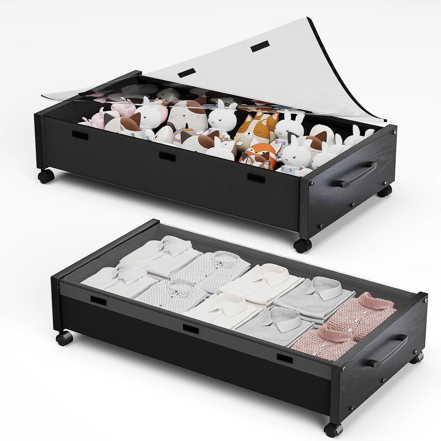KITHELP Wooden Under Bed Storage with Wheels, Rolling Under the Bed Storage Bins with Removable Lid, Metal Under Bed Drawers for Clothes and Shoes in Bedroom or Living Room(Black Wood-2pack)