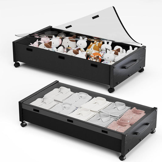 KITHELP Wooden Under Bed Storage with Wheels, Rolling Under the Bed Storage Bins with Removable Lid, Metal Under Bed Drawers for Clothes and Shoes in Bedroom or Living Room(Black Wood-2pack)