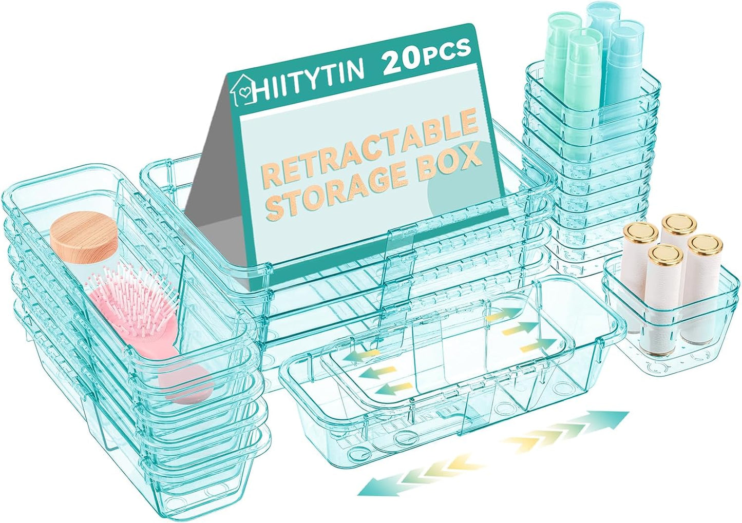 20 Pcs Adjustable Clear Drawer Organizer, Extendable Vanity Storage Bins, Desk Drawer Organizer Set for Makeup, Cosmetics, Bedroom, and Gadgets, Blue