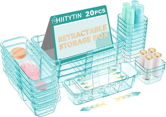 20 Pcs Adjustable Clear Drawer Organizer, Extendable Vanity Storage Bins, Desk Drawer Organizer Set for Makeup, Cosmetics, Bedroom, and Gadgets, Blue