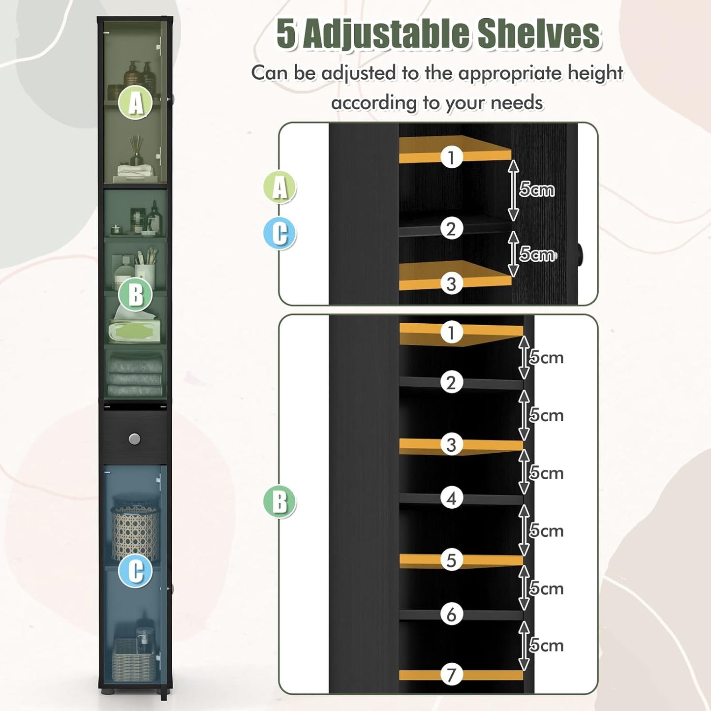71" Tall Narrow Bathroom Storage Cabinet, Modern Skinny Toilet Paper Storage Organizer w/1 Drawer, 2 Doors & 5 Adjustable Shelves, Slim Tower Floor Cabinets for Small Spaces