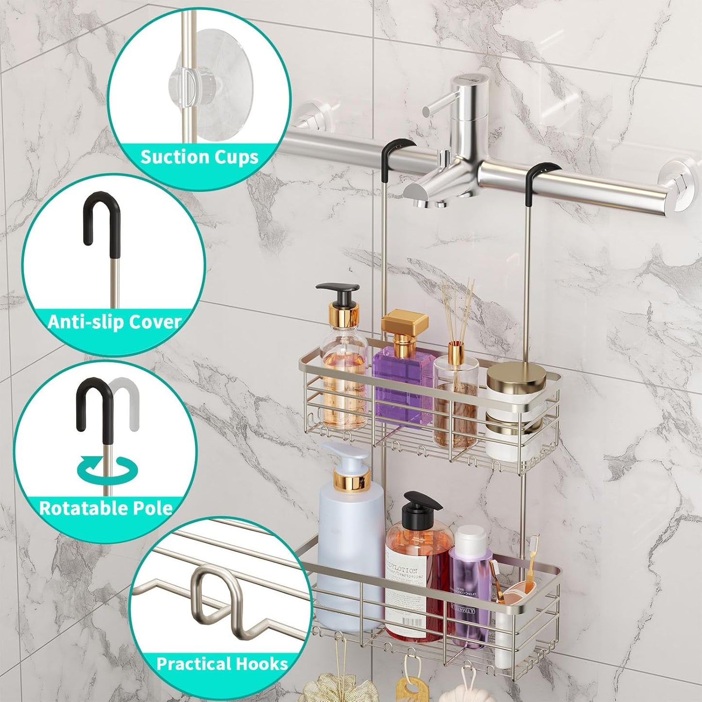 HapiRm Hanging Shower Caddy Organizer - No Drilling Shower Organizer with Hooks, Rustproof & Waterproof 304 Stainless Steel Bathroom Shelves - Brushed Nickel