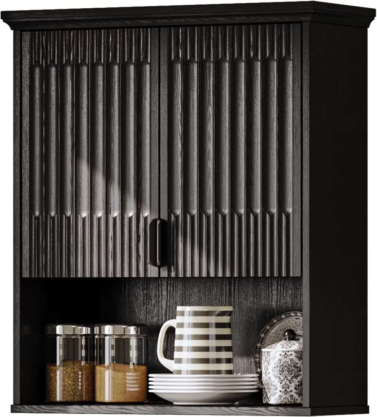 FLOWBACK Wall Mount Bathroom Cabinet, Wooden Medicine Cabinet Storage Organizer with Fluted Doors and Adjustable Shelf, Over The Toilet Space Saver Storage Cabinet (Black)