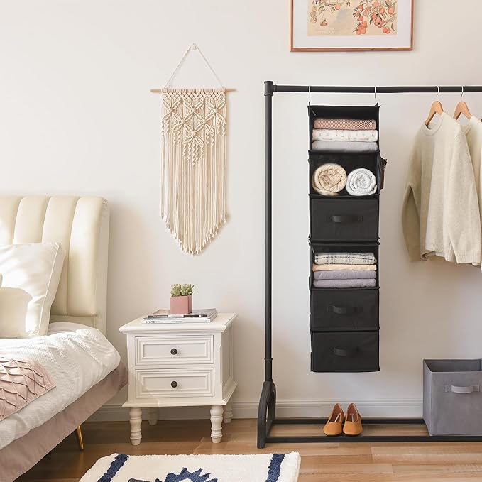 GRANNY SAYS 6-Shelf Hanging Closet Organizers and Storage, Separable to 2 Pack 3-Shelf Closet Hanging Organizer with 3 Drawers, 4 Side Pockets Hanging Shelves for Closet, Nursery, Black