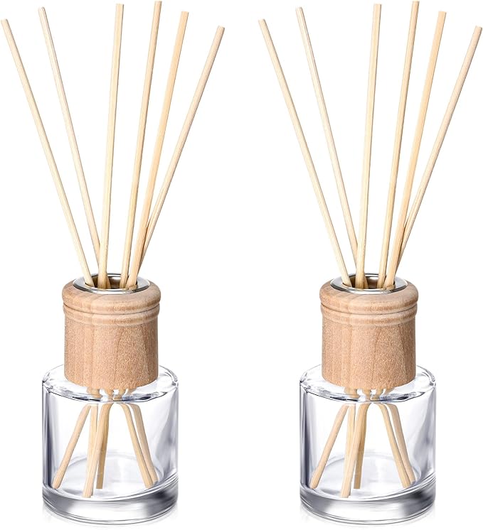 Roshtia 2 Set Reed Diffuser Bottle Empty Refillable Fragrance Glass Diffuser Bottles Set with Wooden Caps Sticks 50ml 1.7 oz Round Glass Jars for DIY Fragrance
