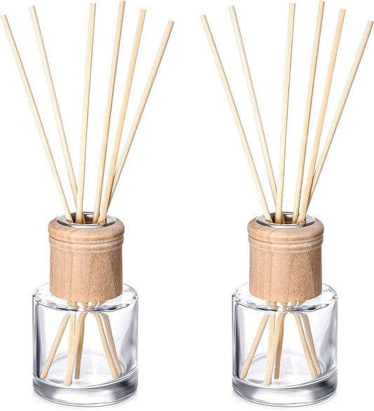 Roshtia 2 Set Reed Diffuser Bottle Empty Refillable Fragrance Glass Diffuser Bottles Set with Wooden Caps Sticks 50ml 1.7 oz Round Glass Jars for DIY Fragrance