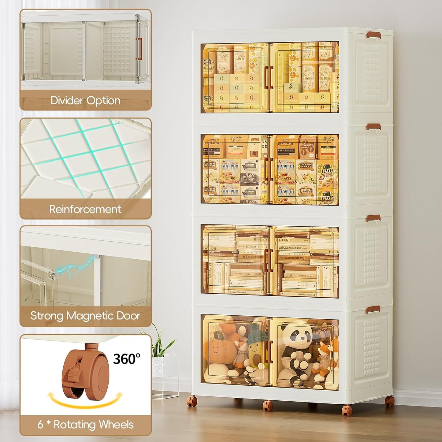 JEKO&JEKO 800Qt Foldable Storage Bins with Lids, Doors & Dividers, Stackable Plastic Drawers with Wheels for Home, Closet & Garage Organizer, 4 Pack, Cream