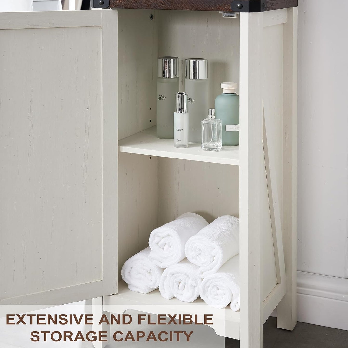 Bathroom Storage Cabinet, 5-Shelf Farmhouse Storage Cabinet with Barn Door&Adjustable Shelves, Bathroom Organizer for Living Room, Kitchen (Antique White)