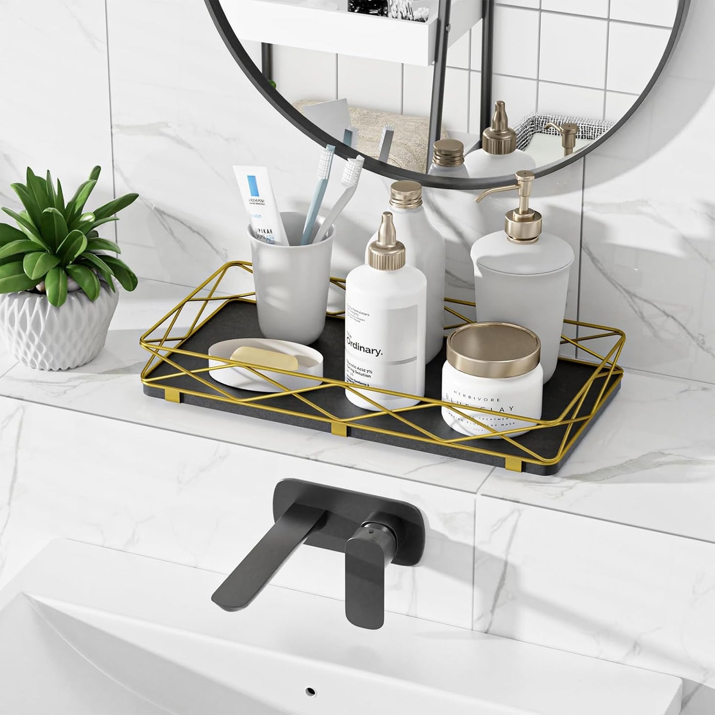 Toilet Paper Basket Holder, 13" Bathroom Tray Countertop, Wood and Metal Toilet Tank Tray Bathroom Vanity Organizer for Toiletry, Kitchen Sink Organizer for Soap Dispenser (Black + Gold)