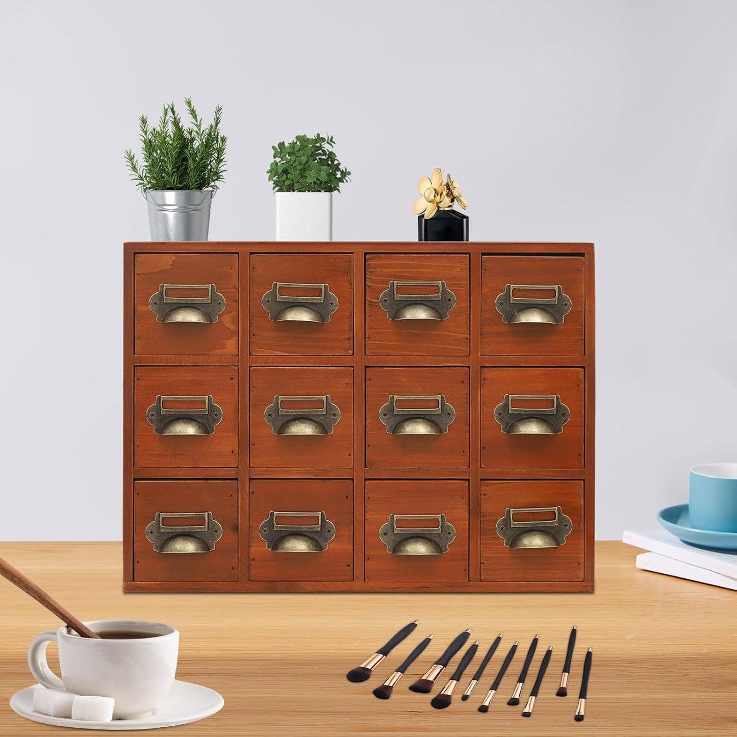 3-Tier Storage Cabinet, 12-Drawer Wooden Organizer with Metal Handles, Wooden Medicine Cabinet, Vintage Brown Solid Wood & Alloy Desktop Storage Shelf for Households, Offices (Brown)