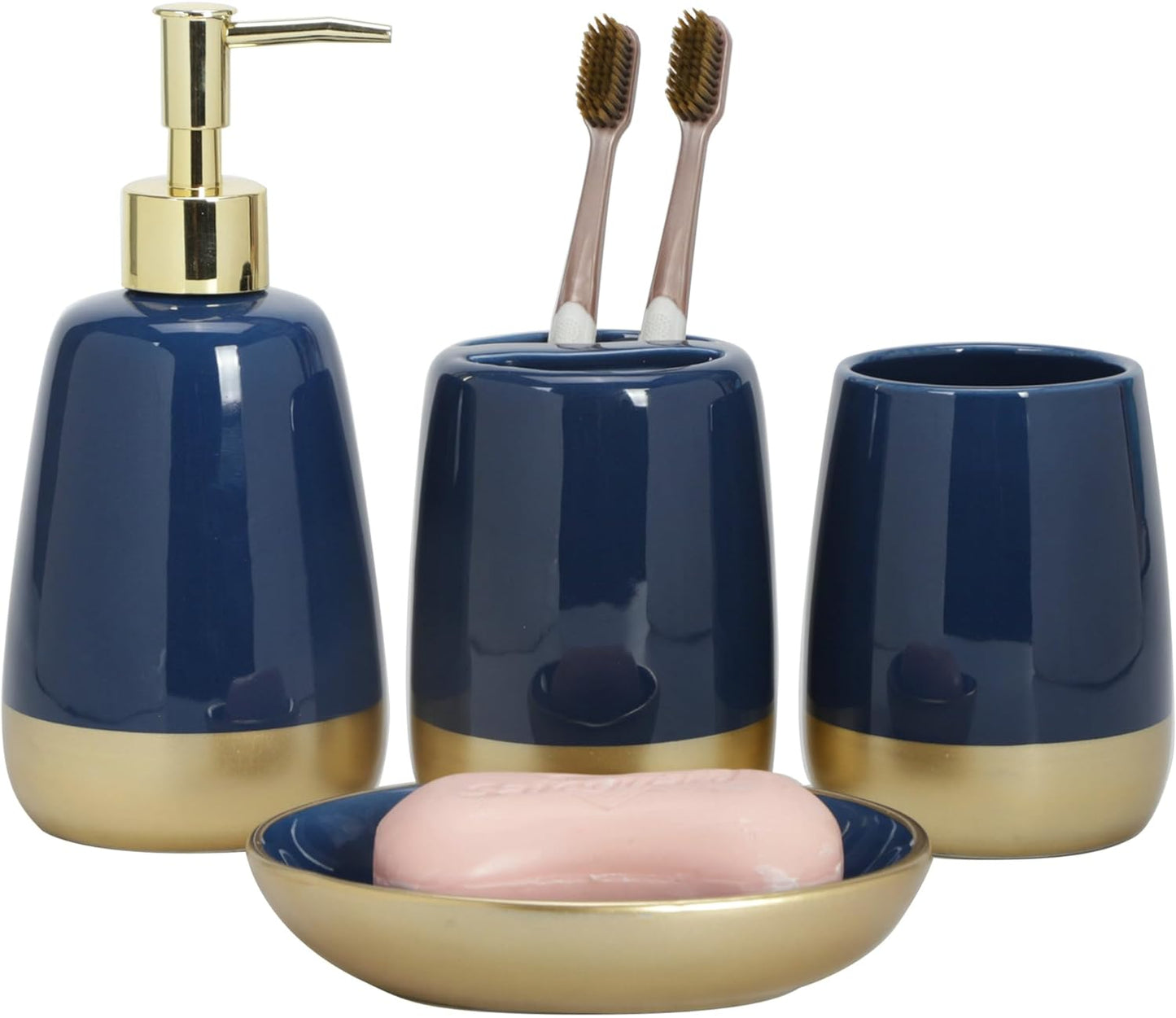 Navy Blue Gold Luxury Bathroom Accessories Set 4 Pieces,Vanity Countertop Ceramic Accessory Set for Bathroom Decor with Soap Dispenser,Toothbrush Holder, Tumbler,Soap Dish (Navy Blue)