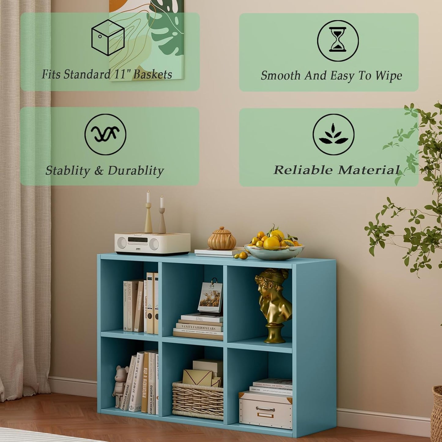 6-Cube Storage Shelf Bookcase - Wooden 3-Tier Floor Standing Open Bookshelf for Home and Office, Display Cabinet, Light Blue