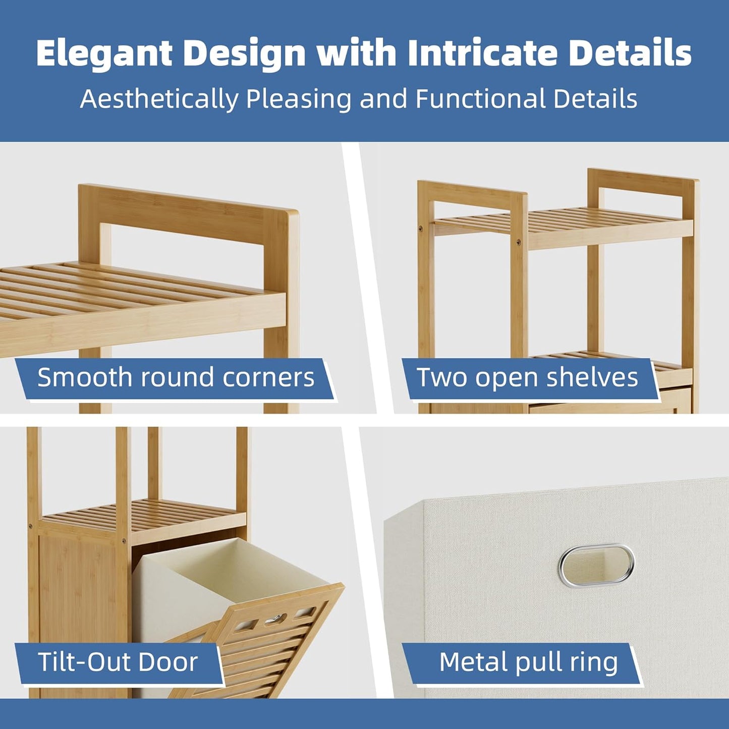 HITNET Tilt Out Laundry Hamper, Bamboo Laundry Basket with Foldable Bag and 2 Open Shelves, Freestanding Clothes Storage Organizer for Bedroom, Bathroom, Living Room, Natural