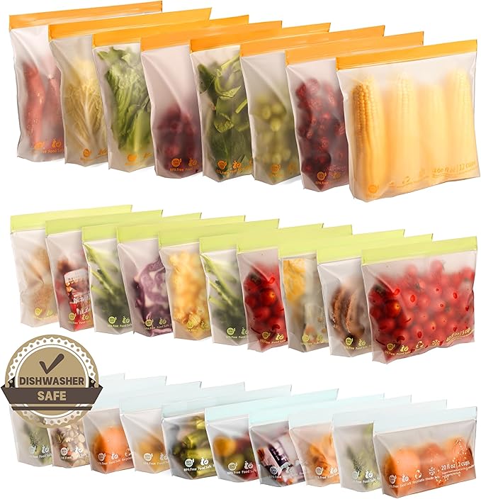 28 Pack Reusable Food Storage Bags,Leakproof Freezer Bags BPA Free Stand Up Sandwich Bags for Lunch Salad Fruit Travel,Dishwasher Safe(8 Gallon,10 Sandwich,10 Snack)