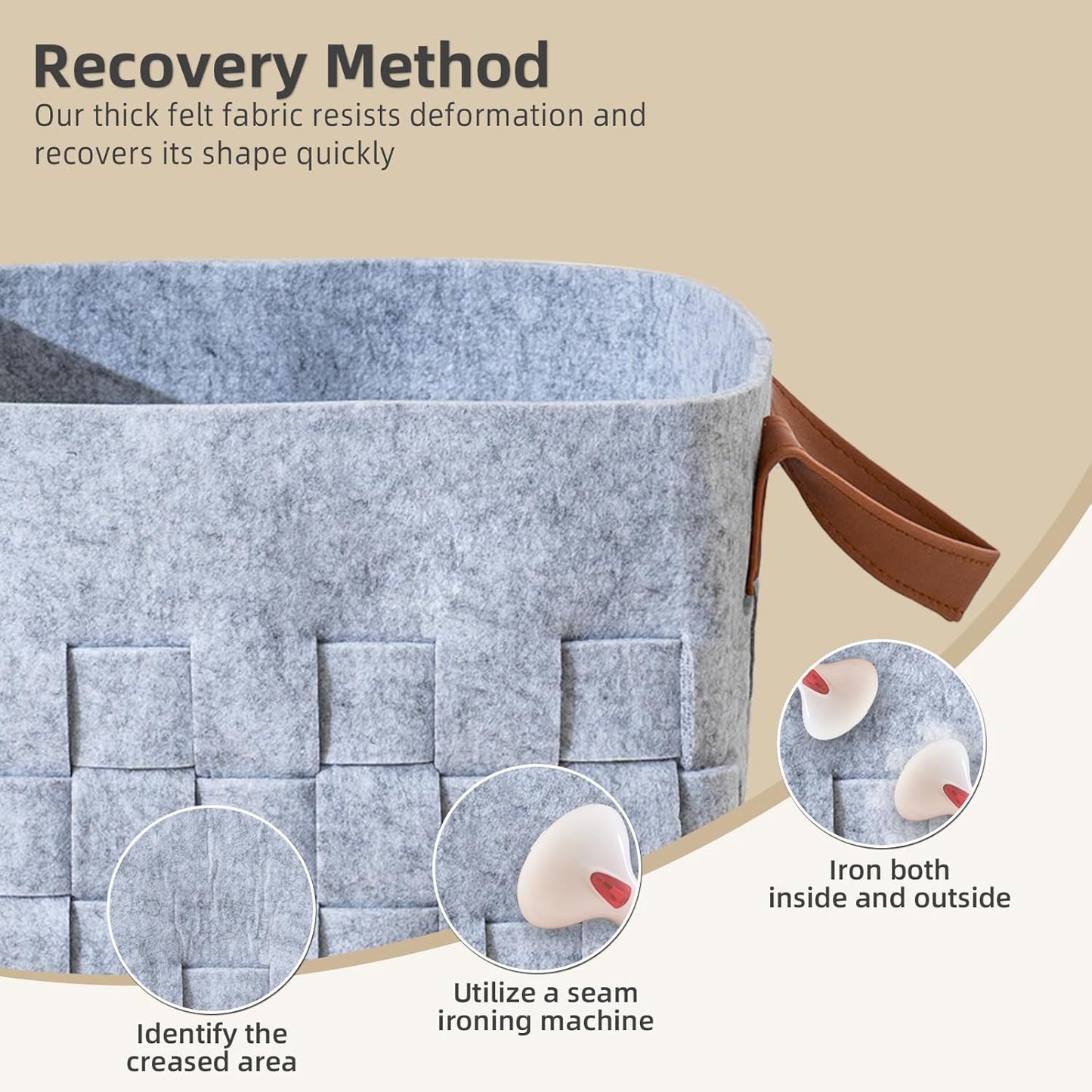 10 Inch Cube Storage Basket 3 Pack, Blanket Baskets with Leather Handle, Felt Fabric Storage Bin for Shelves,Square Baskets for Toys Nursery Living Room,Light Grey