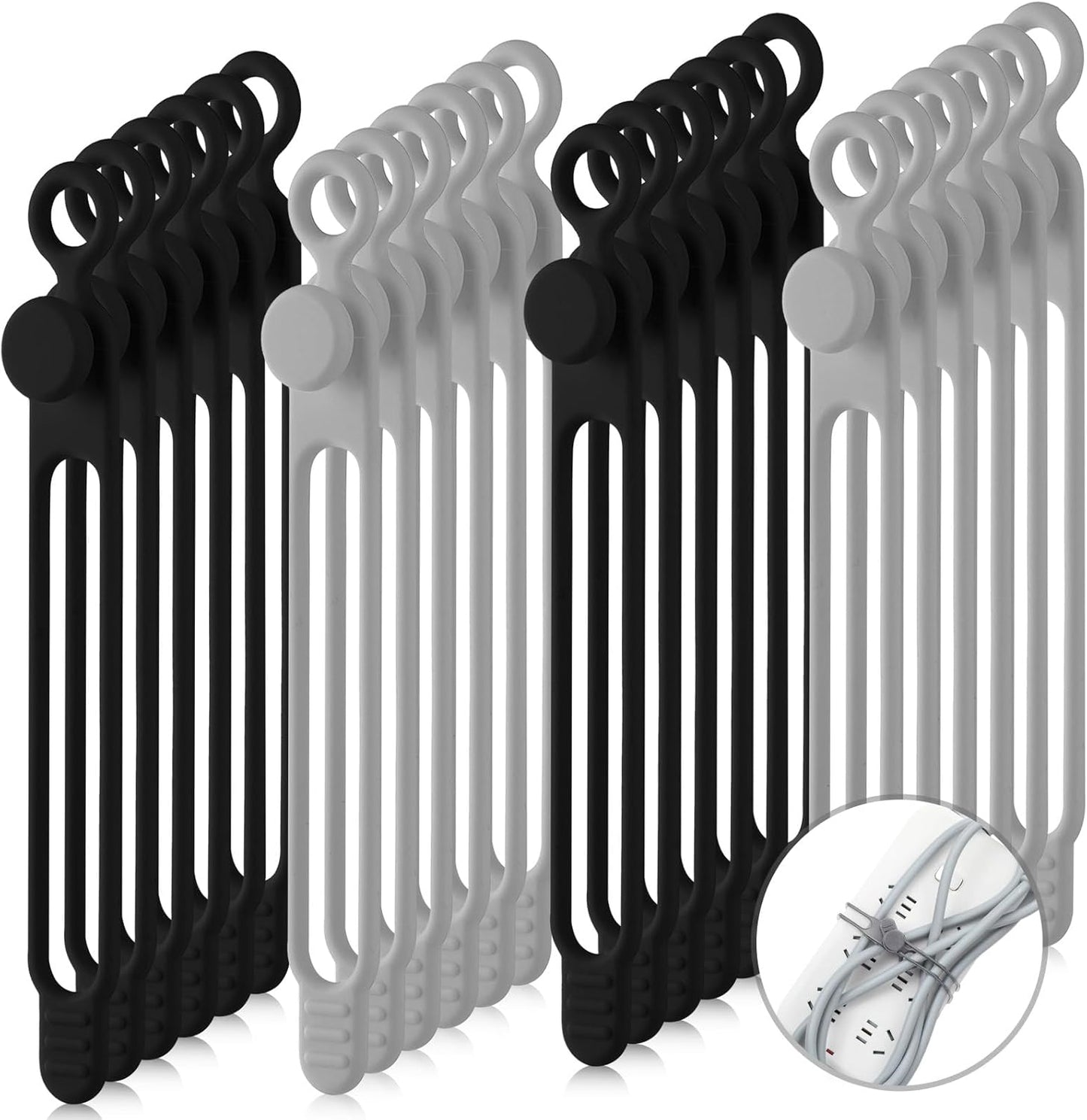 Nuanchu 40 Pcs Silicone Cable Ties Reusable Holder Adjustable Straps Multipurpose Charging Cable Organizer for Fastening Charging Cords Wires(7.1 Inch,Black, Gray)