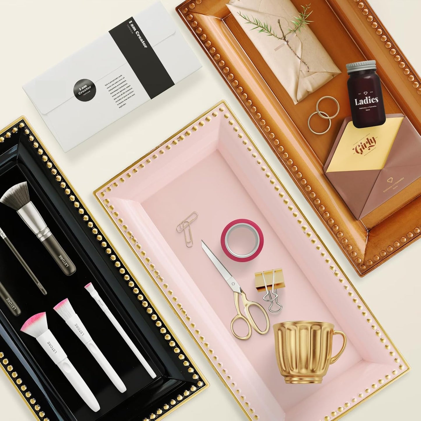 2 Pack Pink Bathroom Vanity Tray for Countertop with Beads, Small Plastic Toilet Tank Versatile Storage Organization Tray for Makeup, Perfume, Desk, Kitchen, Candles, 14"x7"x1", 36P