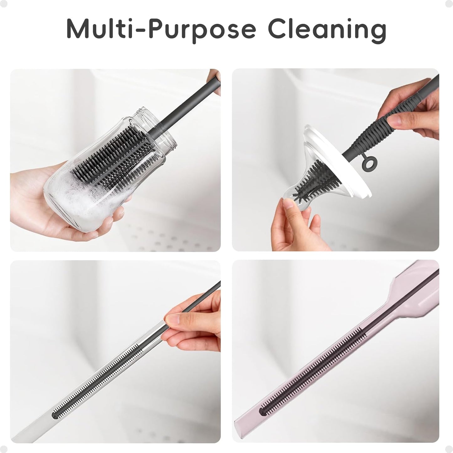 Silicone Cleaning Brush Kit,Water Bottle and Straw Cleaner Brush Set for Tumbler,Baby Bottle,Breast Pump Part,Nipple,Sippy Cup,Glass,Dishwasher Safe,BPA Free,3 Pcs