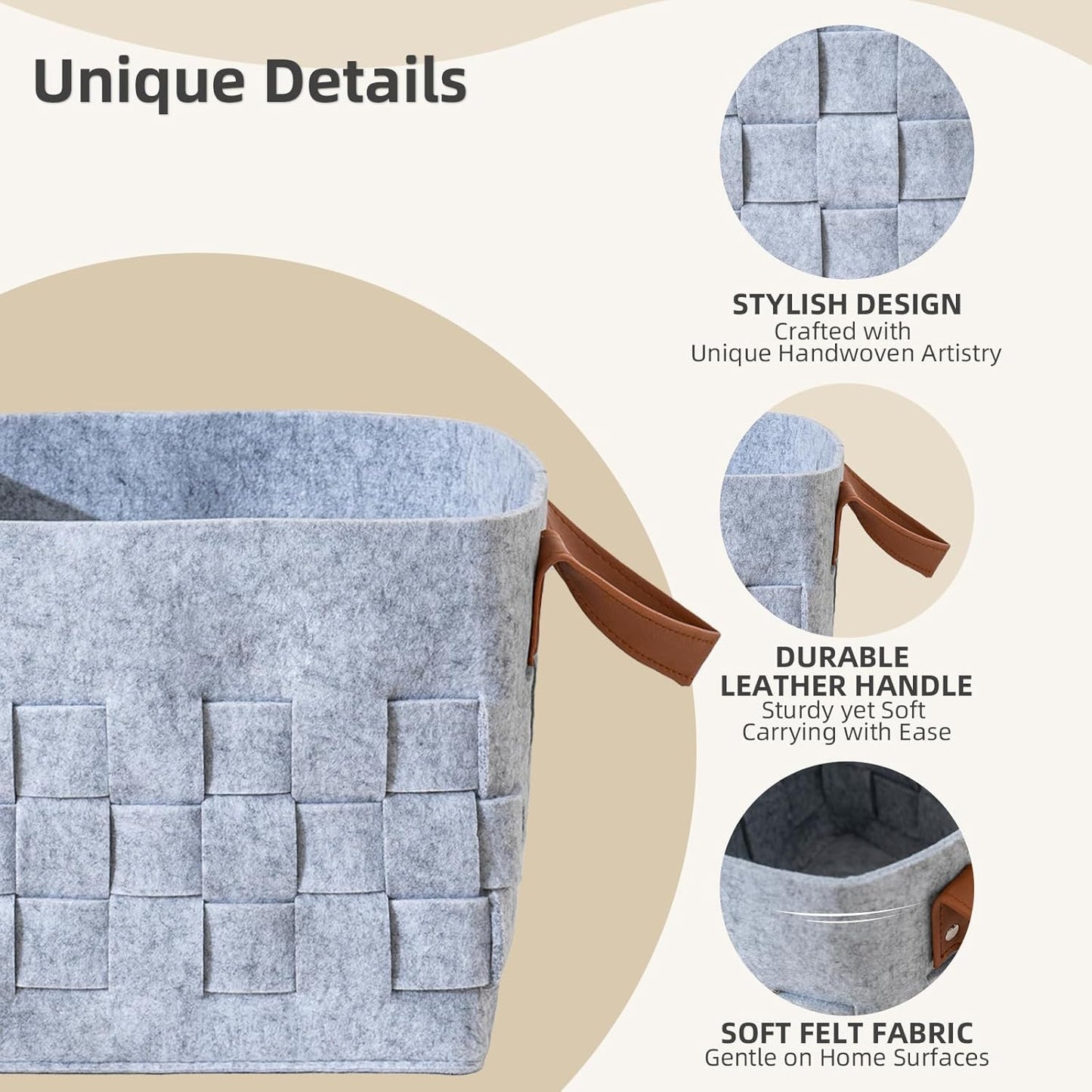 10 Inch Cube Storage Basket 3 Pack, Blanket Baskets with Leather Handle, Felt Fabric Storage Bin for Shelves,Square Baskets for Toys Nursery Living Room,Light Grey