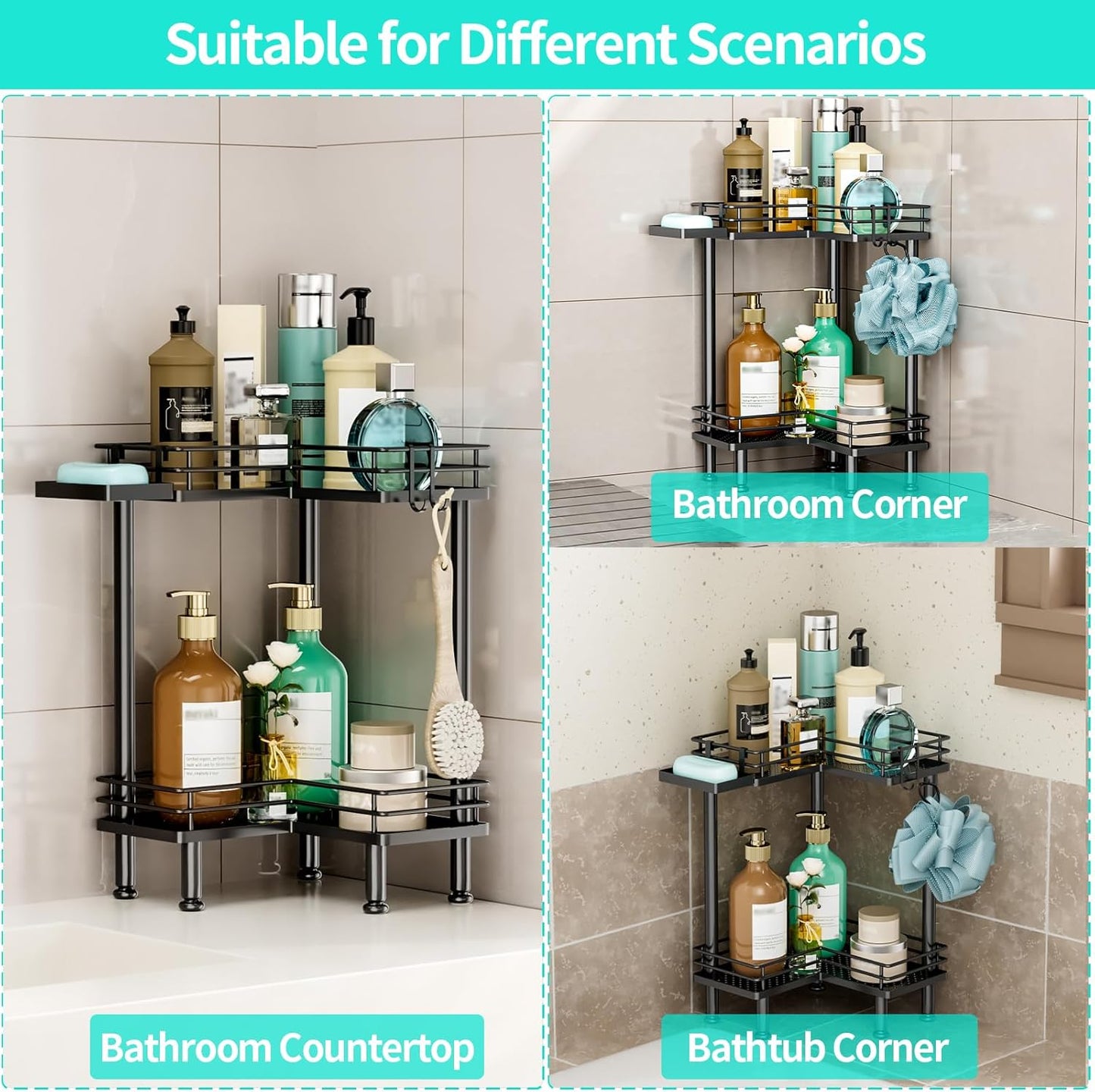 HapiRm Corner Shower Caddy Standing - 2 Tier Shower Organizer Corner with Soap Holder, Rustproof Bathroom Standing Organizer with 2 Hooks, Black