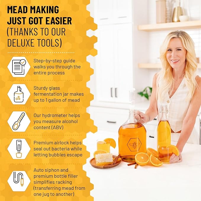 Complete Mead Making Kit - Includes 1-Gallon Glass Fermentation Jar, Auto Siphon, Hydrometer, Alcohol Percentage Tester Jar, Bottle Filler, Airlock, Plug, Funnel, No-Rinse Cleanser & How-To Guide