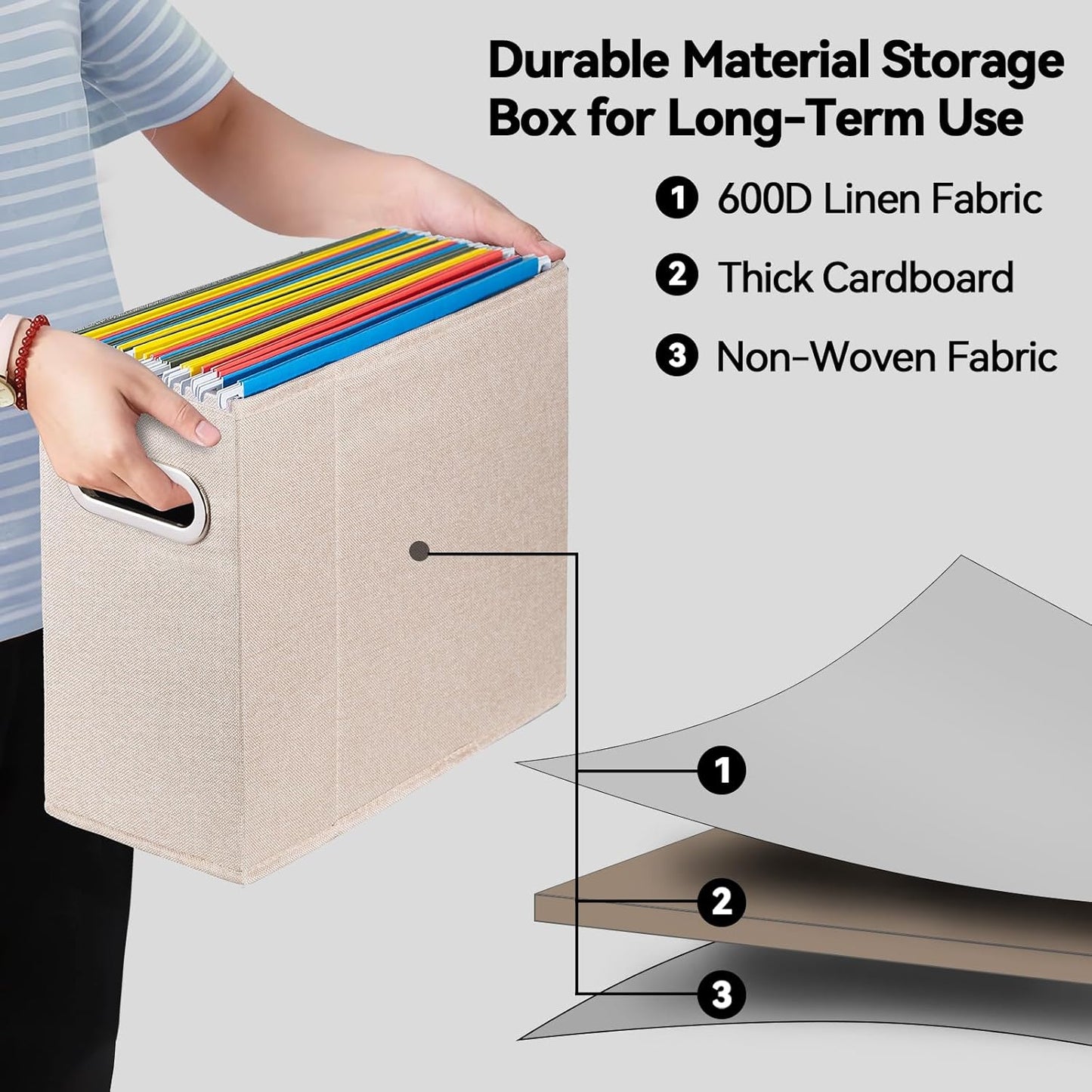 4 Packs Letter Size File Organizer, File Folders Organizer, Fabric Storage Box, Collapsible Paper Organizer with Metal Handle, Smooth PVC Rails, Only Box (Beige)