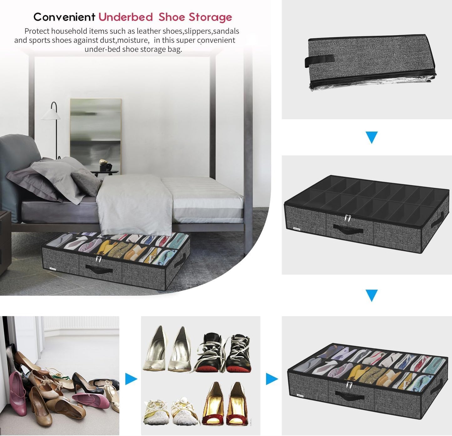 Onlyeasy Sturdy Under Bed Shoe Storage Organizer Fit 8 to 16 Pairs, Collapsible Closet Underbed Shoes Container Bags with Reinforced Handles, 37.7x23.6x5.9in, Linen-like Black, MXAUBS16P1