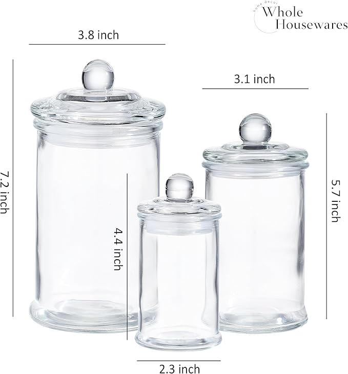 Whole Housewares - Set of 3 Bathroom Canisters - Storage Container Jars - Premium Glass Apothecary Jars with Lids - Small Glass Jar for Kitchen or Bathroom Storage - Decorative Crystal Containers