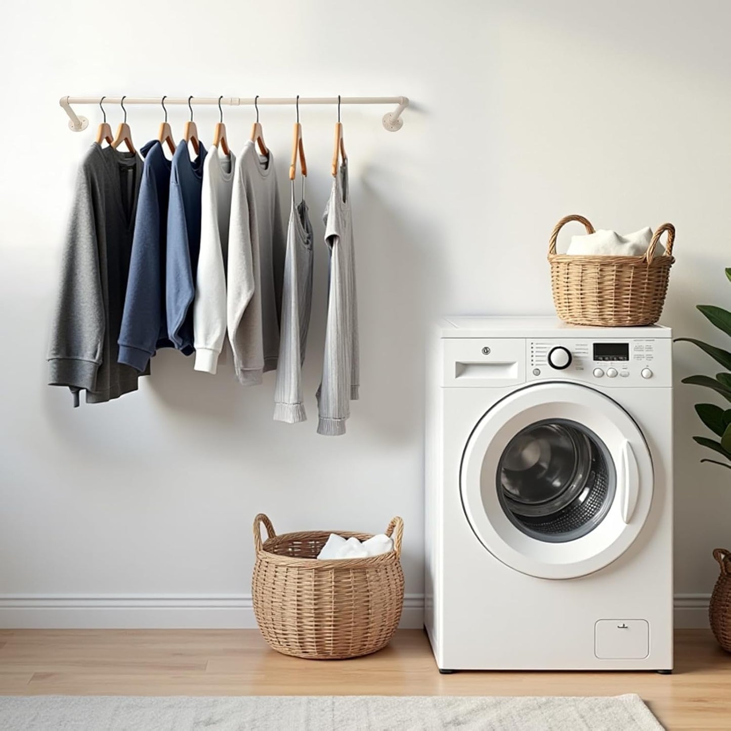 48" White Wall Mounted Clothes Rack, Industrial Pipe Iron Garment Bar, Heavy-Duty Detachable Clothing Rod, Multi-Purpose Metal Wall Display Hanging Pole for Closet Storage, Laundry Room 2 Base