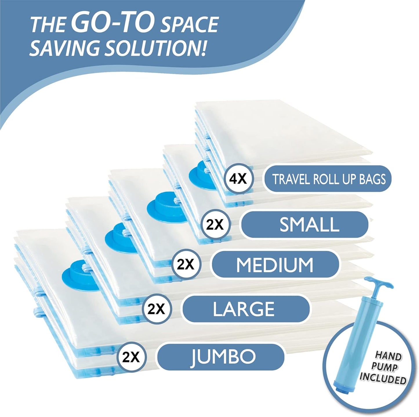 12 Pack Vacuum Storage Bags, Space Saver Vacuum Storage Bags, Vacuum Seal Bags for Clothing, Clothes, Comforters and Blankets, Hand Pump Included