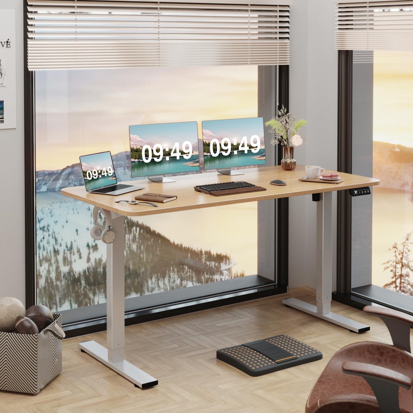 Furmax Electric Height Adjustable Standing Desk Large 55 x 24 Inches Sit Stand up Desk Home Office Computer Desk Memory Preset with T-Shaped Metal Bracket, Light Wood