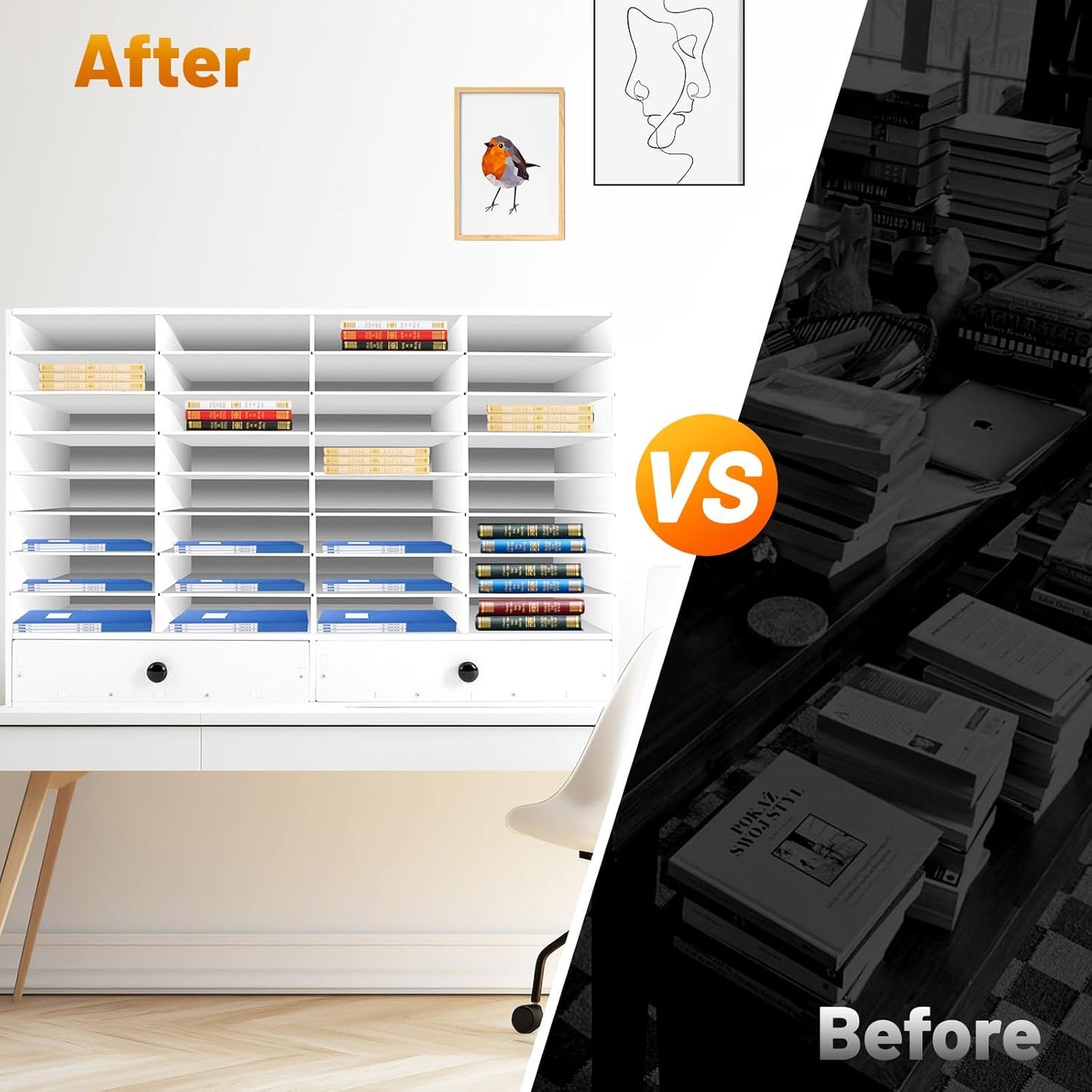 Literature Organizers, Mail Sorter Organizer Adjustable Shelves and 2 Drawers Desktop File Sorter Paper Organizer for Home School Office (White, 32 Slots with 2 Drawers)