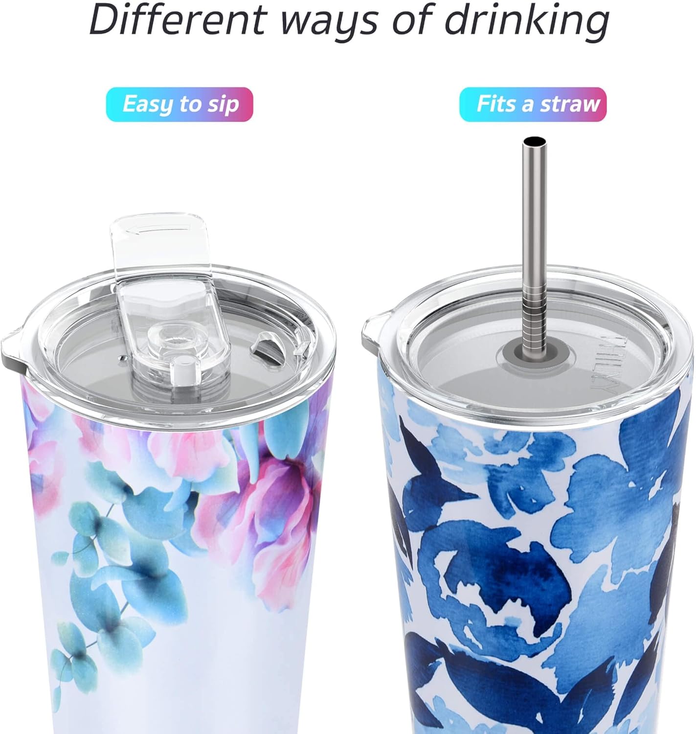 THILY Stainless Steel Vacuum Insulated Tumbler 26 oz Triple-Insulated Travel Mug with Splash-Proof Lid, for Iced Coffee and Hot Beverage, Pink Lilies + Blue Maple