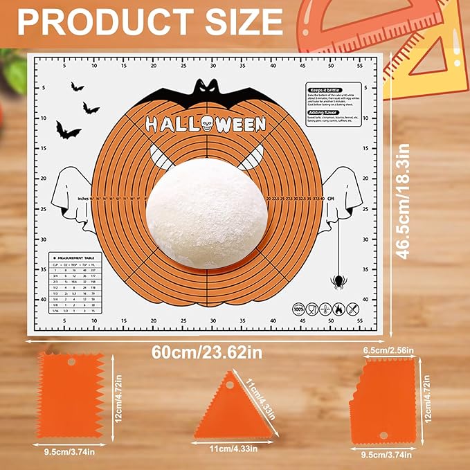 Halloween Silicone Baking Mat Set - 24"X18" Dough Mat With Measurements And 3 Dough Scrapers, Non-Stick Reusable Pastry Mat For Rolling, Kneading, Cookie Bread Pizza Making