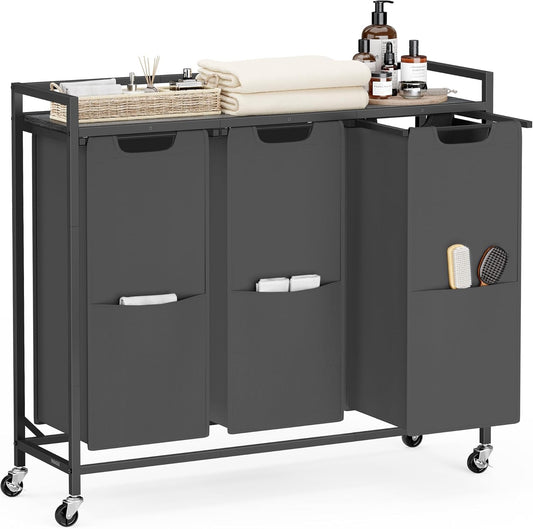 VASAGLE Laundry Sorter, 43.5 Gal. (165 L) Laundry Hamper Basket with 3 Compartments, Rolling Cart with Wheels, Shelf, Removable Bags, Pockets, Slate Gray and Charcoal Gray UBLH031G01