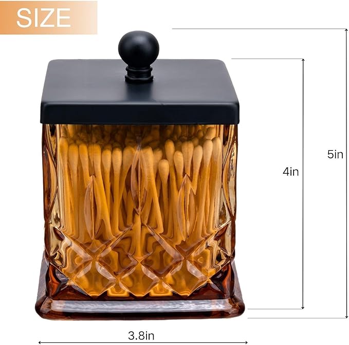 Qtip Holder,15Oz Amber Glass Apothecary Jars with Matte Black Lids for Bathroom Organization & Desk Storage,Thick Glass Apothecary Jars for Q-Tips,Cotton Rounds,Jewelry,Candy,Square