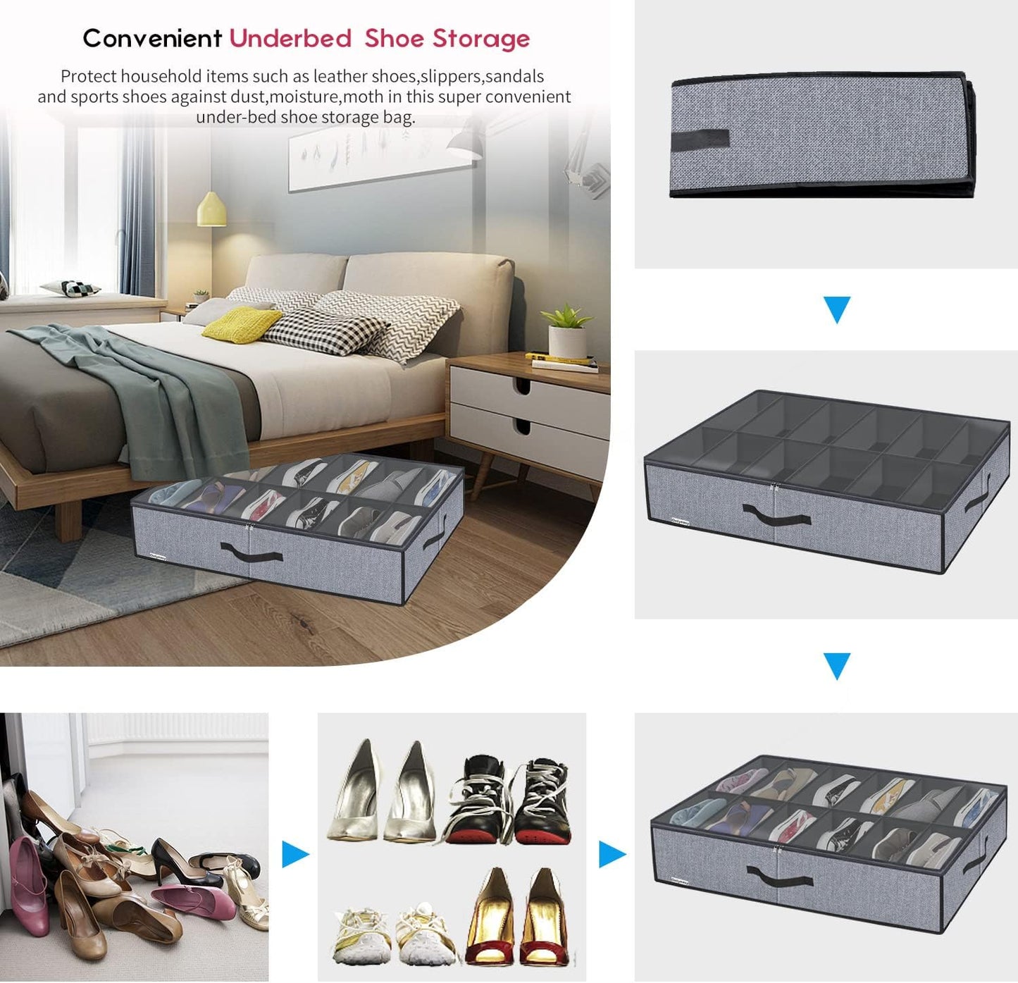 Onlyeasy Large Under Bed Shoe Organizer (6 to 12 Pairs x 2) - Underbed Shoes Closet Storage Solution with Metal Zipper and 2 Handles, Breathable, 29.3"x23.6"x5.9", Linen-like Grey, MXDUBSB2P