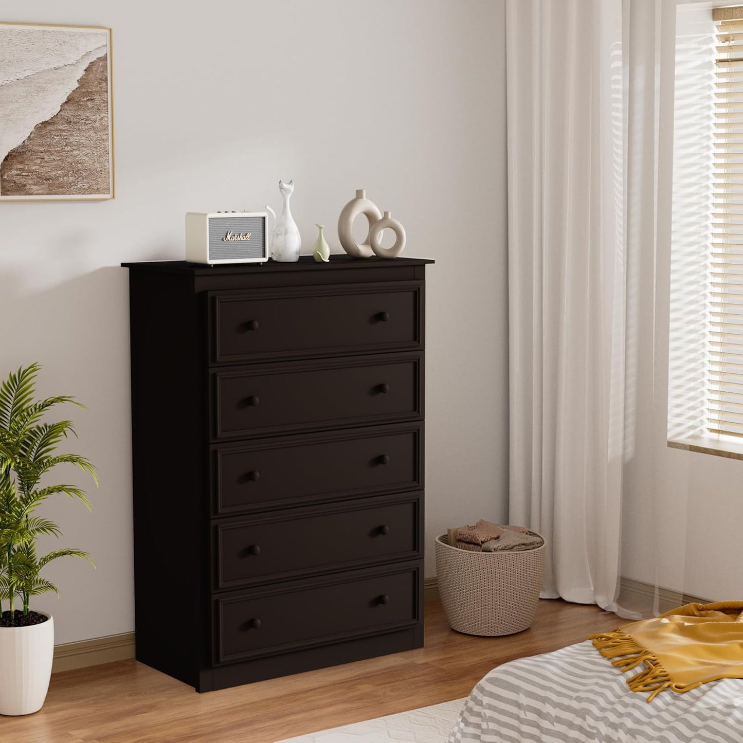 5 Drawer Dresser for Bedroom, Tall Wooden Chest of Drawers with Spacious Top, Modern Storage Organizer Cabinet for Closet, Nursery, Living Room, 15.7" D x 31.5" W x 45.7" H (Chocolate)