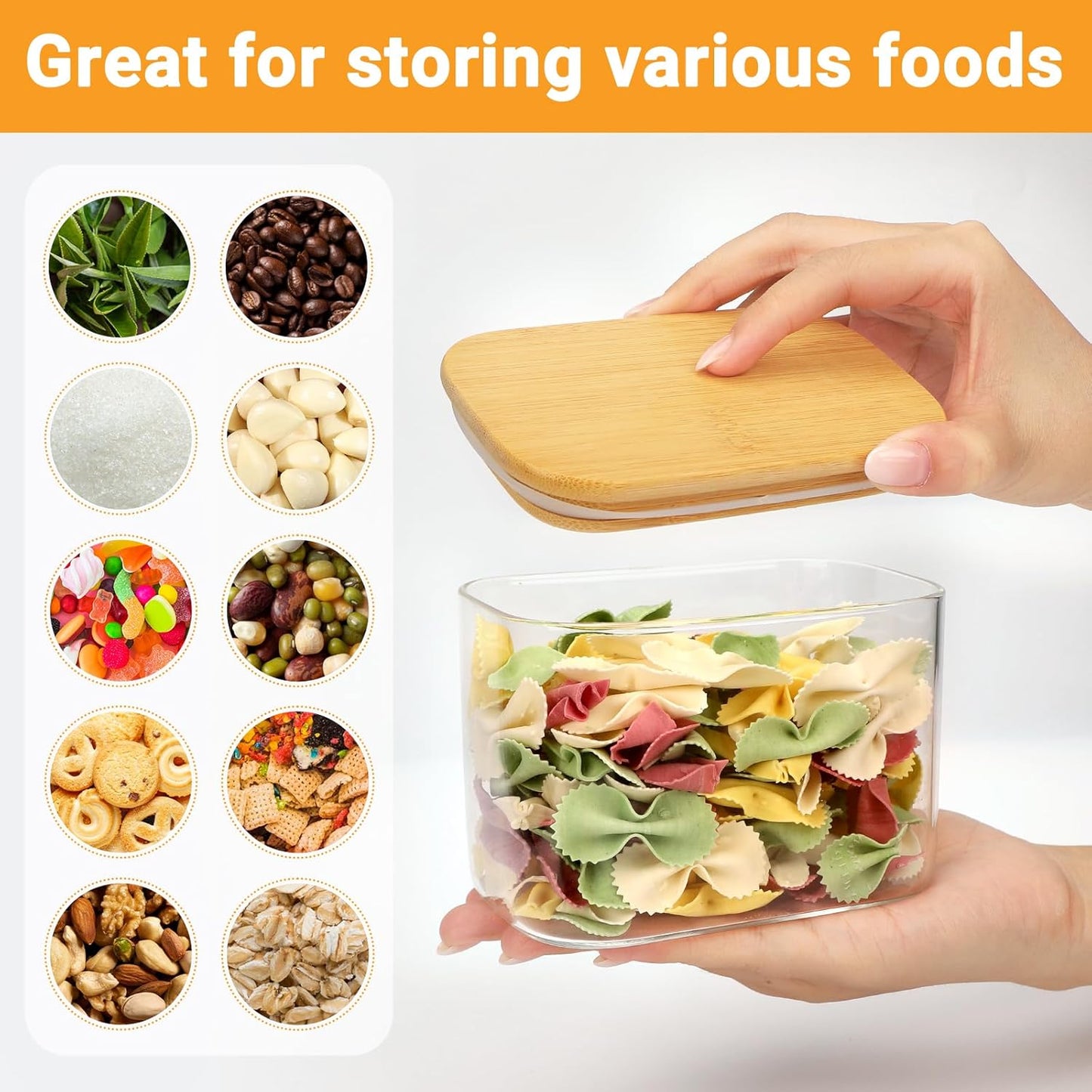 Rectangle Glass Jars with Bamboo Lids, 4 Pack 17oz Glass Jars Set with Airtight Lids, Kitchen Pantry Storage Containers for Countertop, Sugar and Coffee Container for Tea, Cereal, Oats, Beans