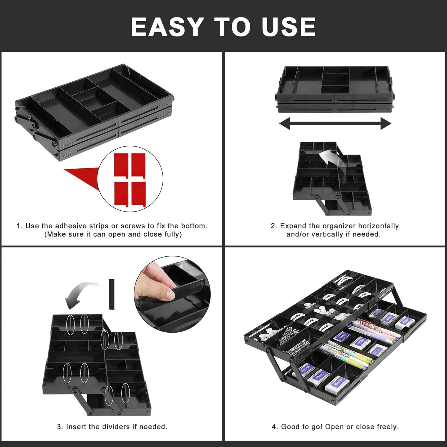 Aobiono Multi Level Smart Drawer Organizer, Multi Tier Expandable Storage Collapsible Foldable Trays for Jewelry, Cosmetics, Makeup, Tools, Battery (Black, Single Row - 2 Levels)