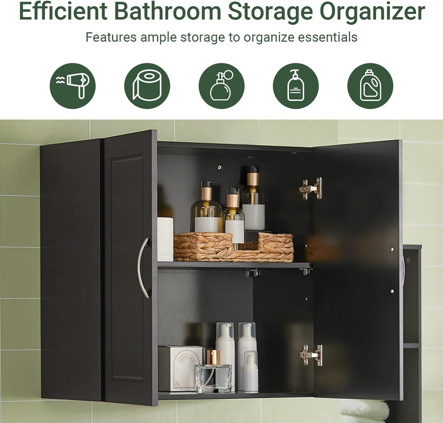 Black Wall Cabinet for Bathroom or Laundry Room, Wall Mounted Storage Cabinet with Doors and Shelf, MDF Organizer Over Toilet, HUS-FRG231