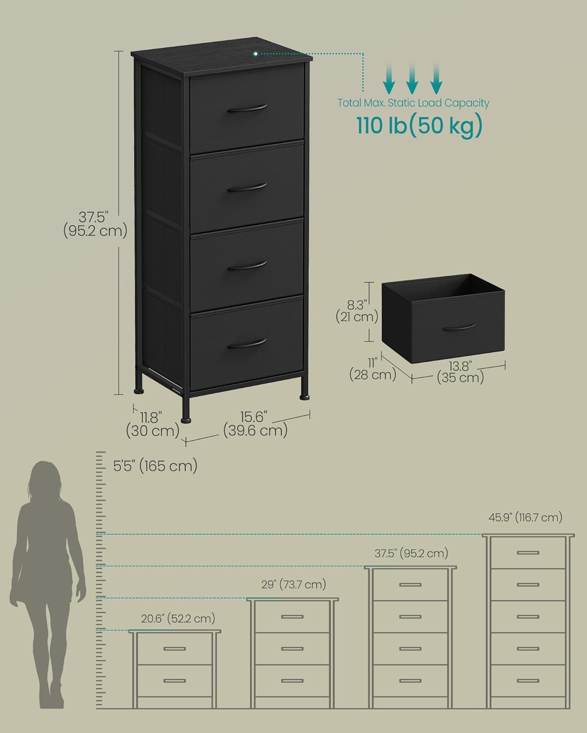 SONGMICS Dresser for Bedroom, Chest of Drawers, Steel, MDF, 4 Non-Woven Fabric Drawers, Storage Organizer Unit, Closet, Entryway, Ink Black and Ebony Black ULGS314B01S